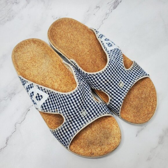 Spenco Kholo Blue Gingham Print Cork Orthotic Slide Sandals Women's 8 - Picture 1 of 7